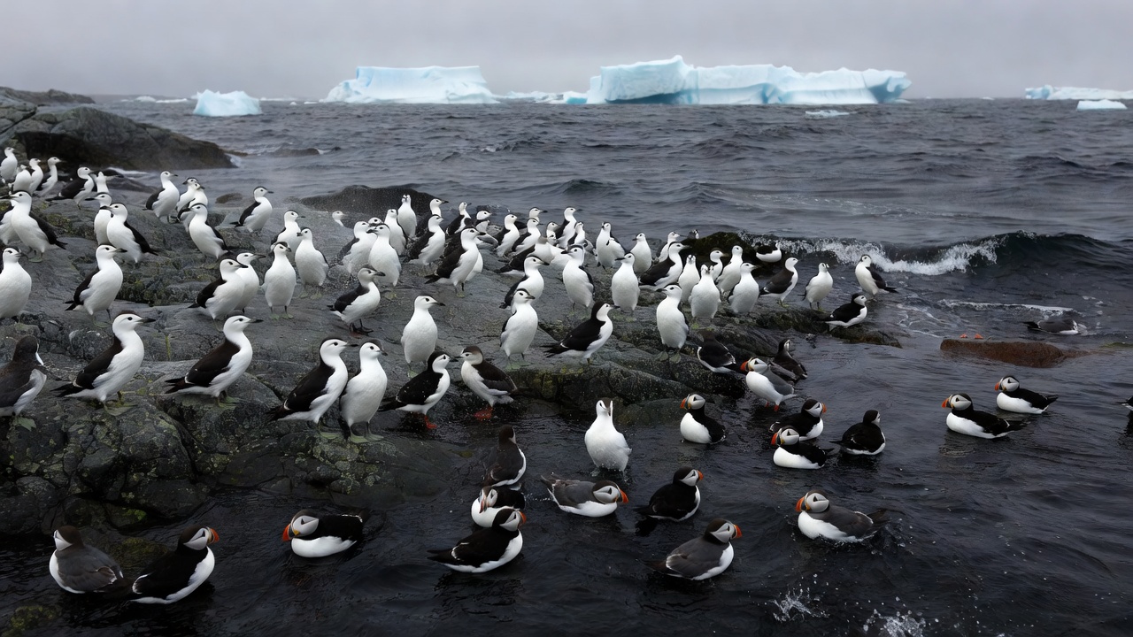 Arctic seabirds gathered along a rocky shoreline beside dark coastal water
