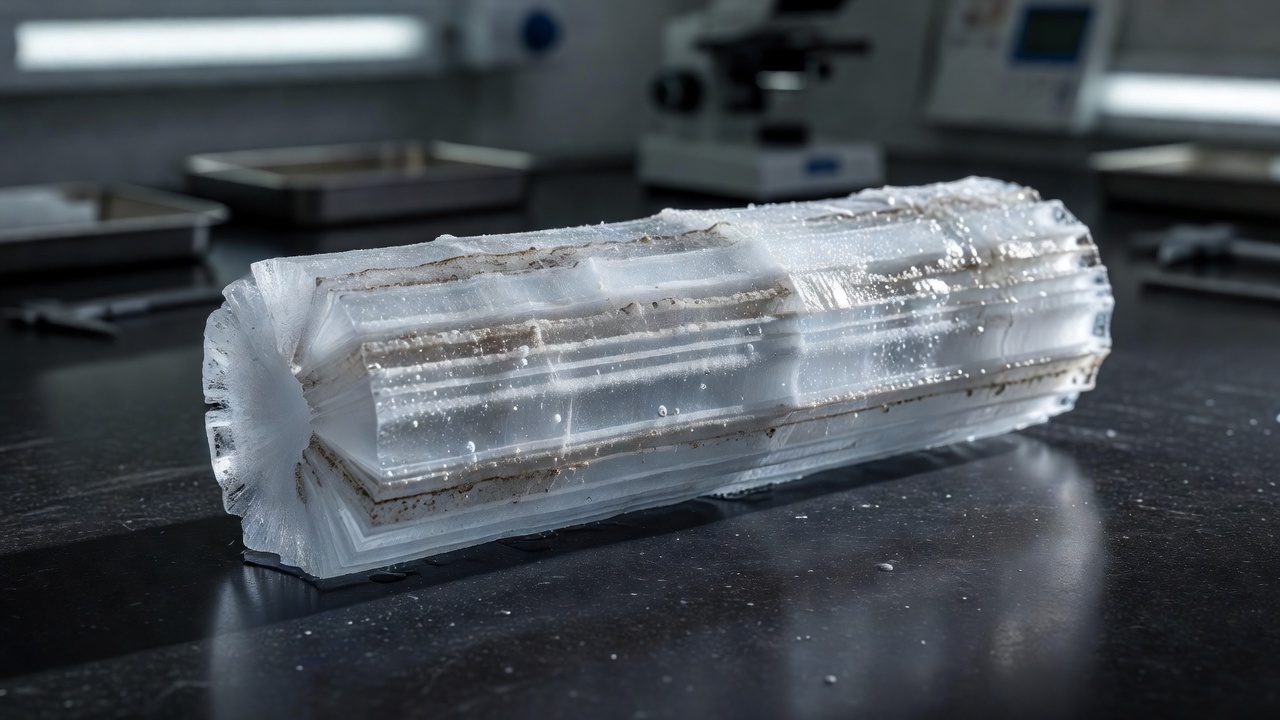 A cylindrical ice-core sample with visible layers on a dark laboratory work surface