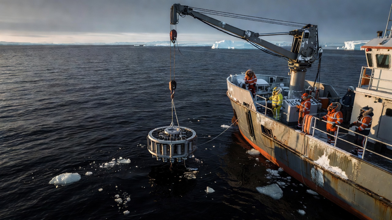 An oceanographic instrument being lowered from a research vessel into dark polar water