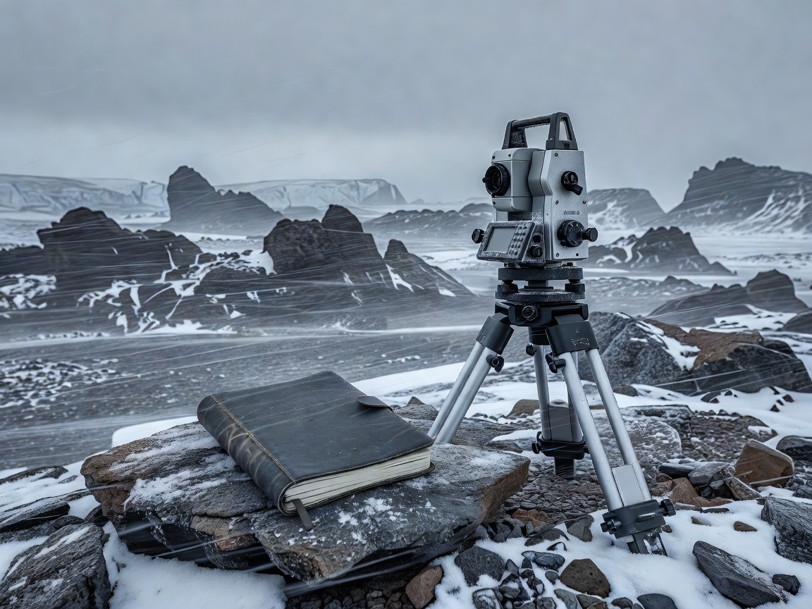 A field notebook beside a surveying instrument in a cold, rocky polar setting