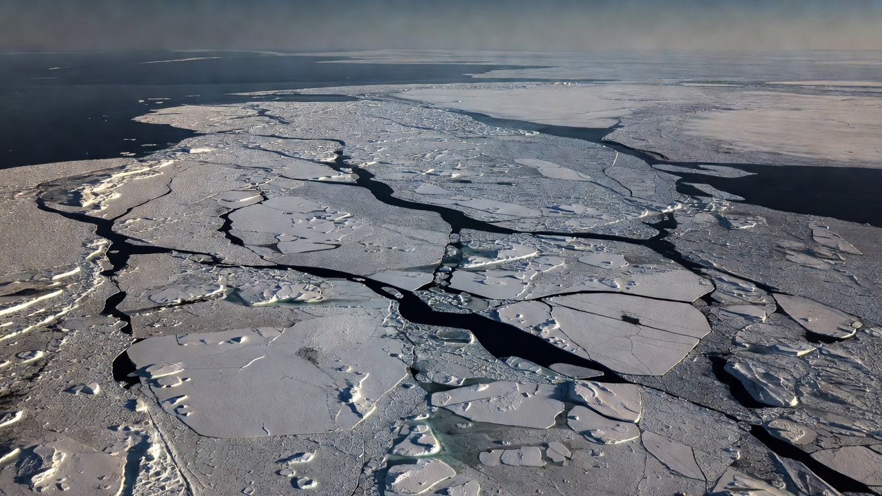Scattered sea-ice floes and dark leads extending toward a low polar horizon